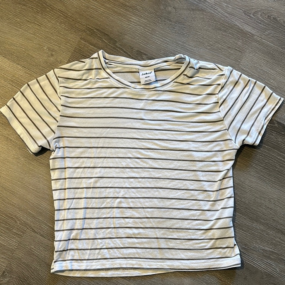 White Gray Striped Crew Neck Crop Tee
